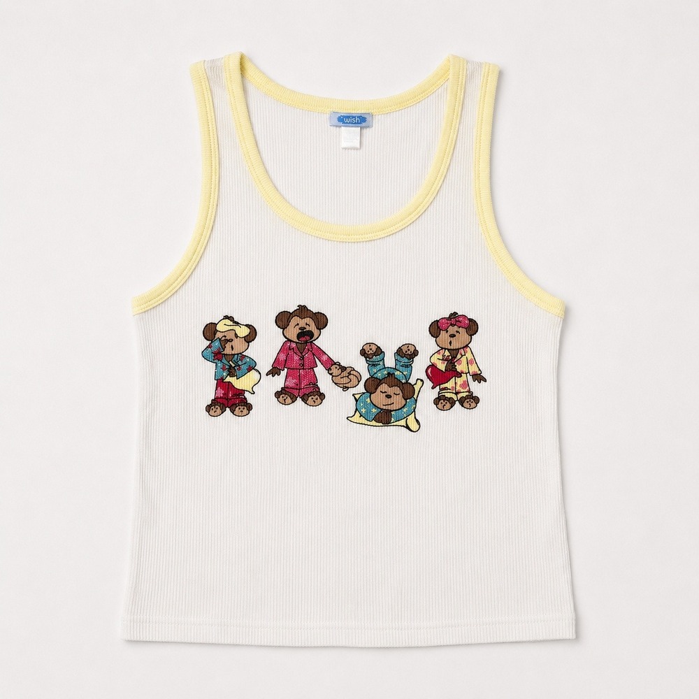Wish Vtg Ribbed Tank Top White Butter Yellow Monkey Glitter XL Cotton Velvet